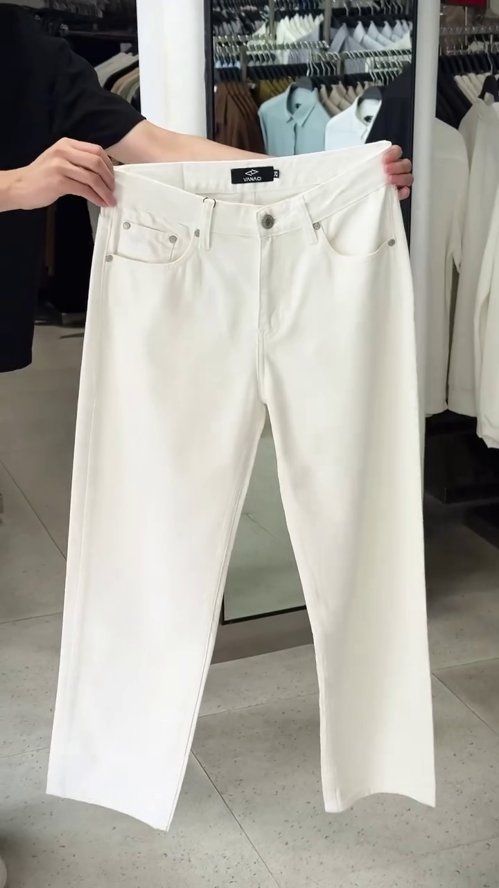 Solid Cream Wide-Leg Straight-Cut Minimal Designer Casual Trousers with Classic 5-Pocket Styling