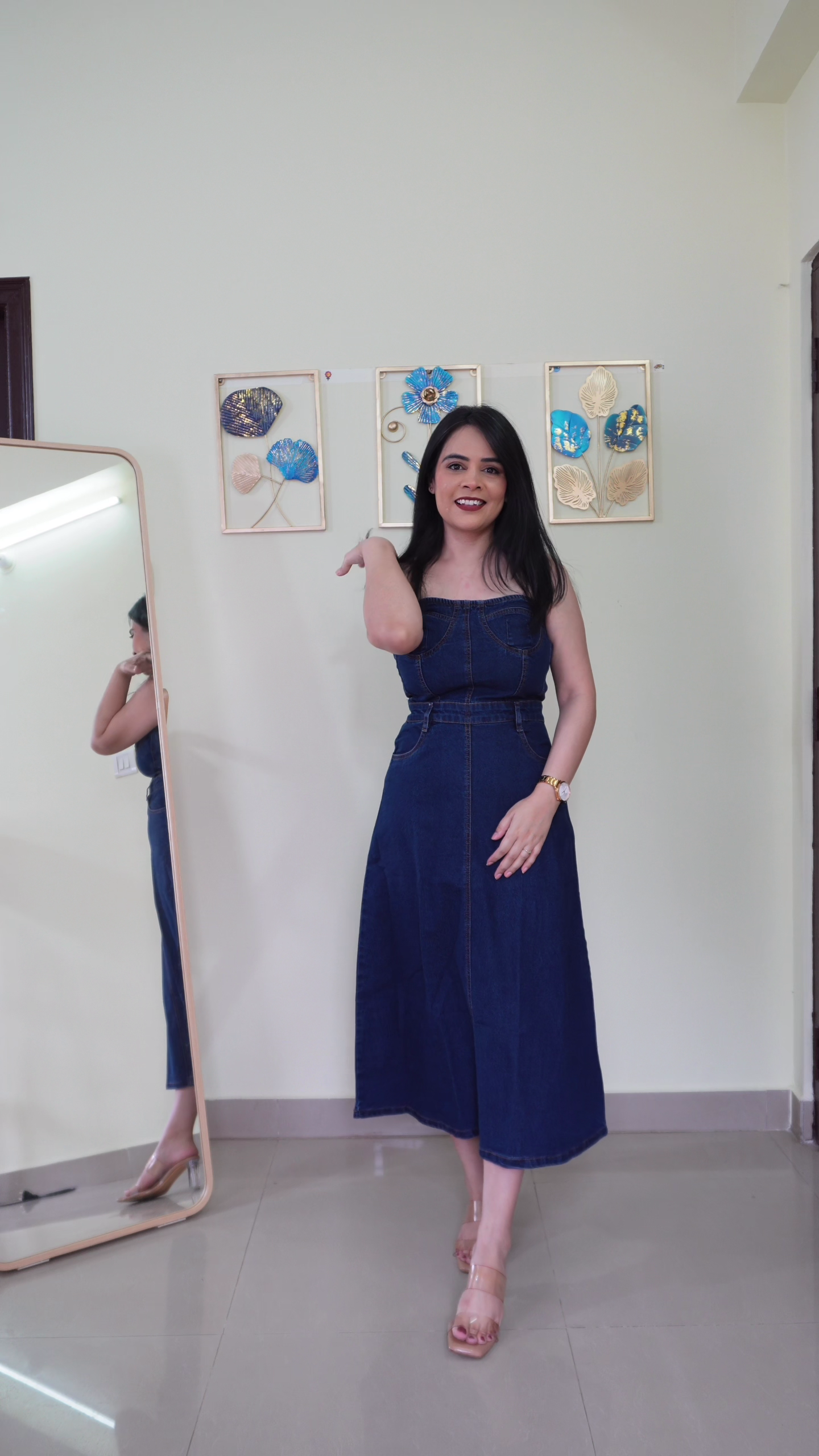 Dark Blue Denim Strapless-Style Midi Dress Layered Over Classic White Full Sleeve Shirt Casual Chic Outfit 👗💙
