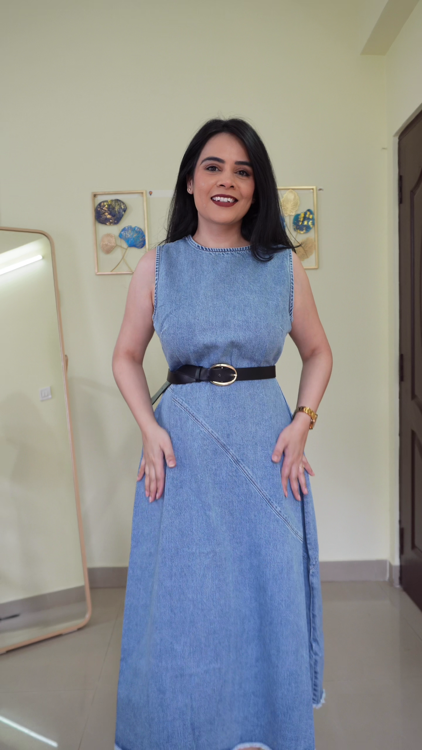 Dark Blue Denim Strapless-Style Midi Dress Layered Over Classic White Full Sleeve Shirt Casual Chic Outfit 👗💙