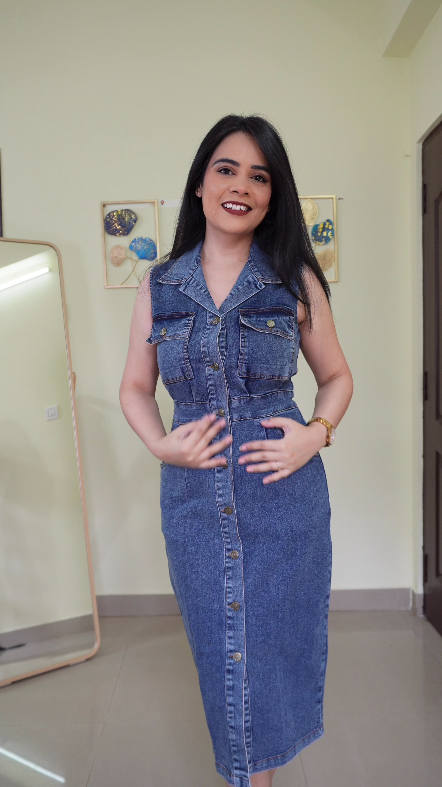 Dark Blue Denim Strapless-Style Midi Dress Layered Over Classic White Full Sleeve Shirt Casual Chic Outfit 👗💙