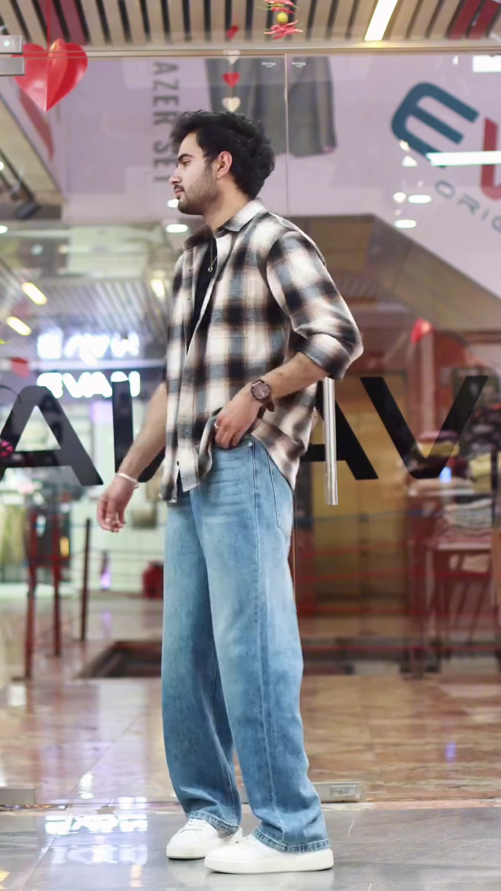 Casual Streetwear Combo Set – Light Blue Straight-Fit Denim Jeans with Black Inner T-Shirt & Brown-Black Checkered Overshirt 🔥👖