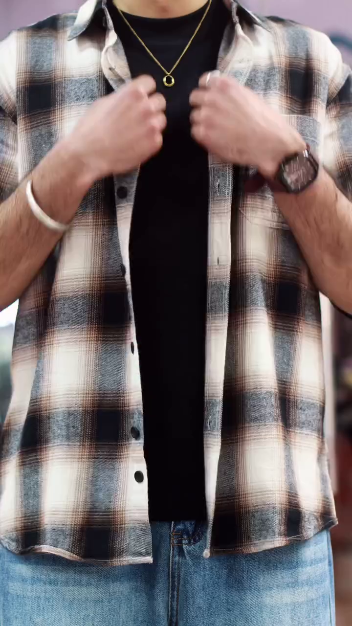 Casual Streetwear Combo Set – Light Blue Straight-Fit Denim Jeans with Black Inner T-Shirt & Brown-Black Checkered Overshirt 🔥👖