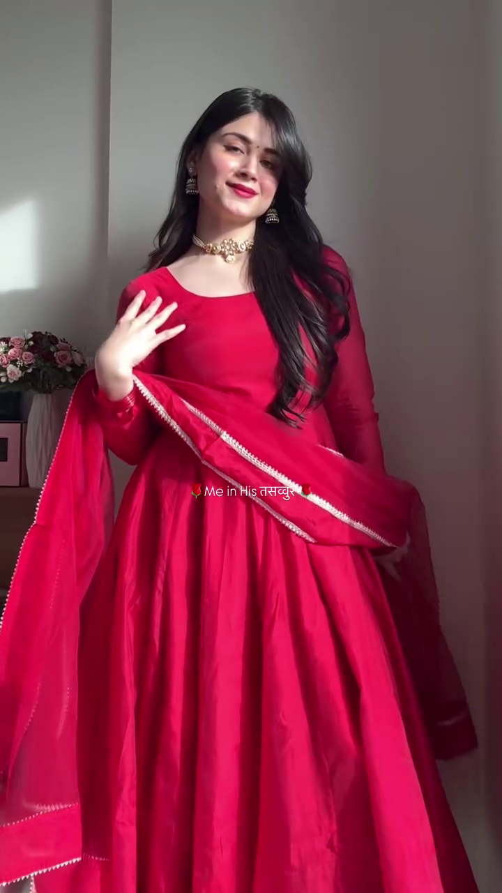Royal Crimson Red Full-Flare Anarkali Style Floor-Length Ethnic Gown with Matching Sheer Dupatta & Golden Border Detail ❤️✨