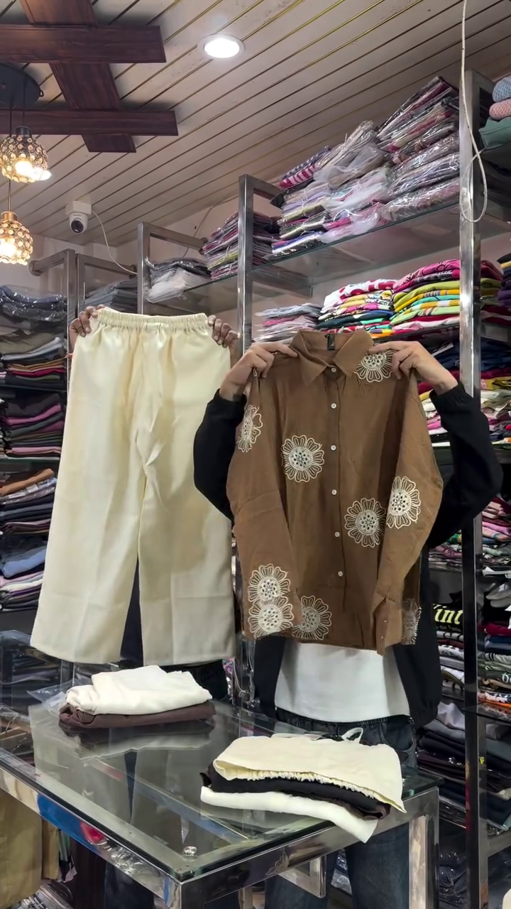 Deep Olive Green Floral Motif Button-Down Shirt with Cream Elastic Waist Straight Pants Ethnic Casual Co-Ord Set 🌿🤍✨