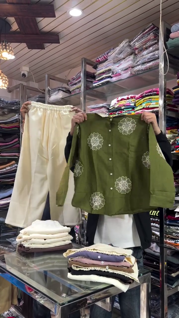 Deep Olive Green Floral Motif Button-Down Shirt with Cream Elastic Waist Straight Pants Ethnic Casual Co-Ord Set 🌿🤍✨