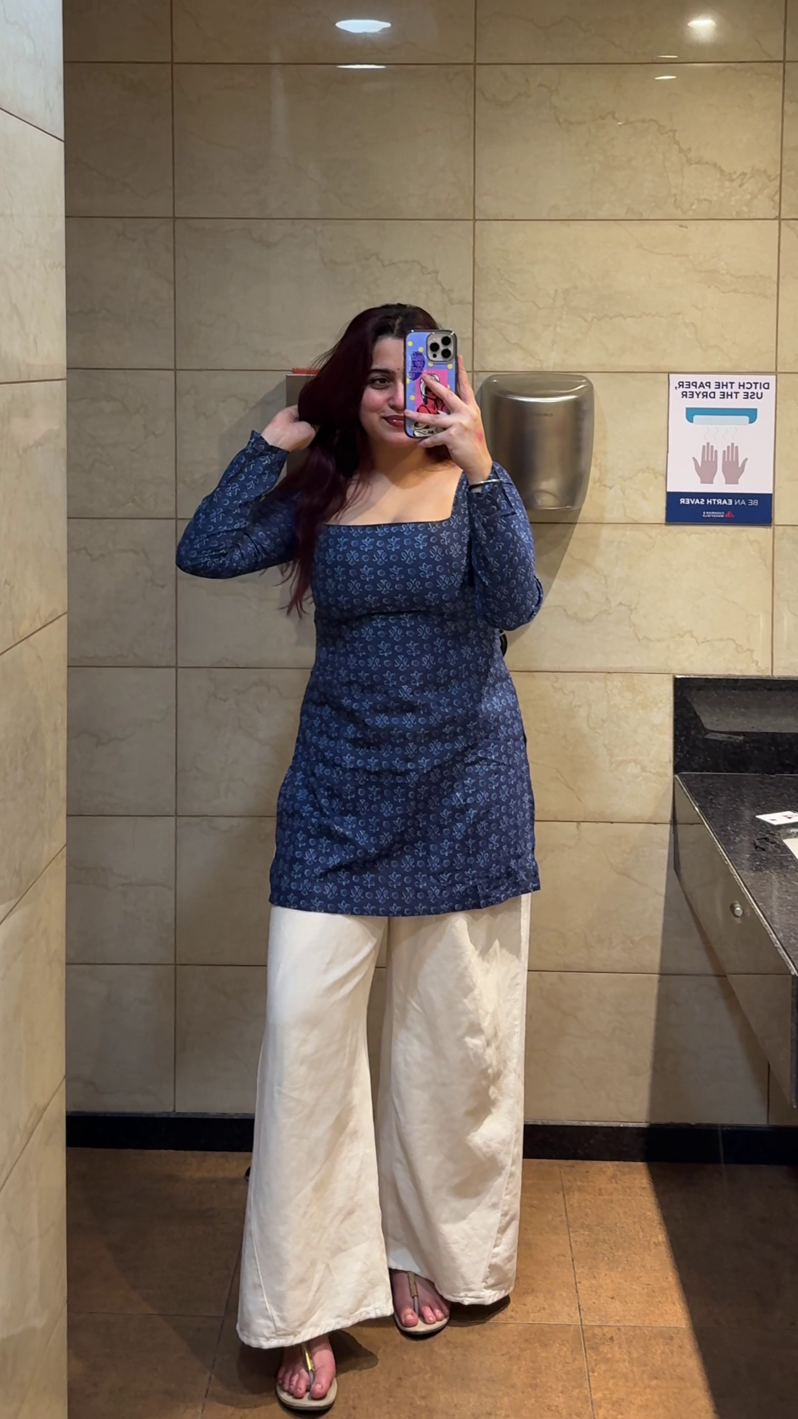 Elegant Casual-Yet-Corporate Deep Charcoal Black Ribbed V-Neck Long Sleeve Ethnic Top with Metallic Leaf Motif Print Paired with Ivory Cream High-Waist Wide-Leg Straight Palazzo Trousers Office Wear Fusion Set ✨🖤🤍