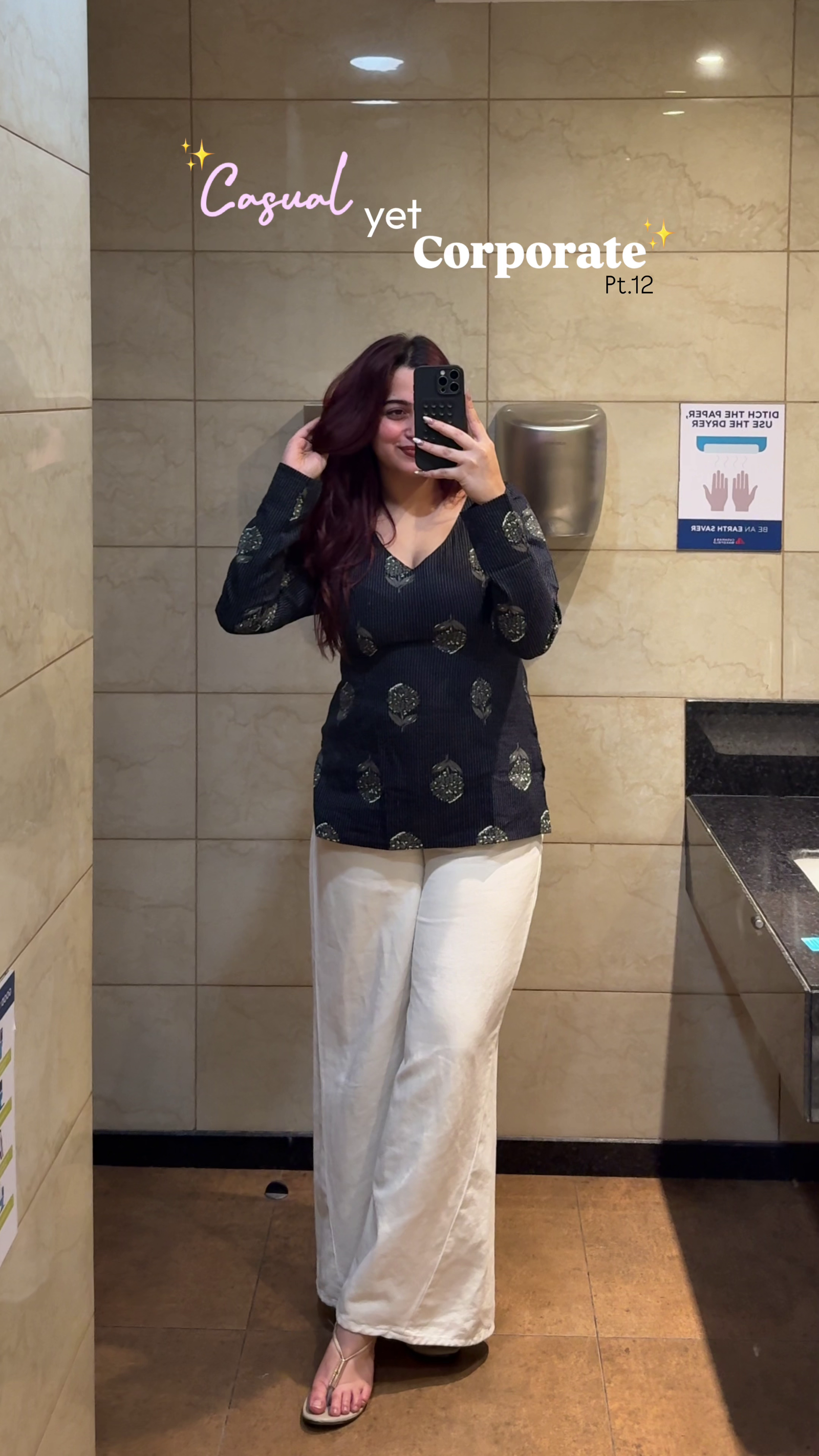 Elegant Casual-Yet-Corporate Deep Charcoal Black Ribbed V-Neck Long Sleeve Ethnic Top with Metallic Leaf Motif Print Paired with Ivory Cream High-Waist Wide-Leg Straight Palazzo Trousers Office Wear Fusion Set ✨🖤🤍