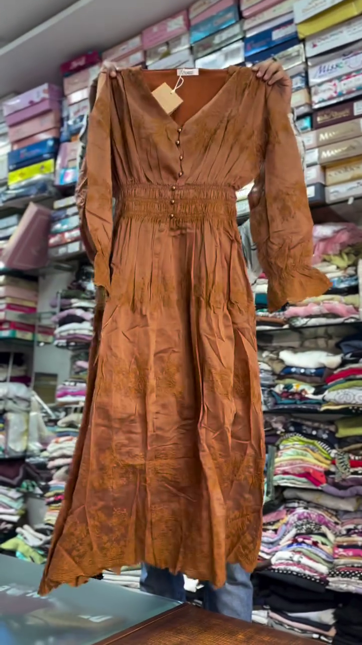 Chocolate Brown Long Sleeve Smocked Waist Maxi Dress with Deep V-Neck Flowing Silhouette 🤎✨👗