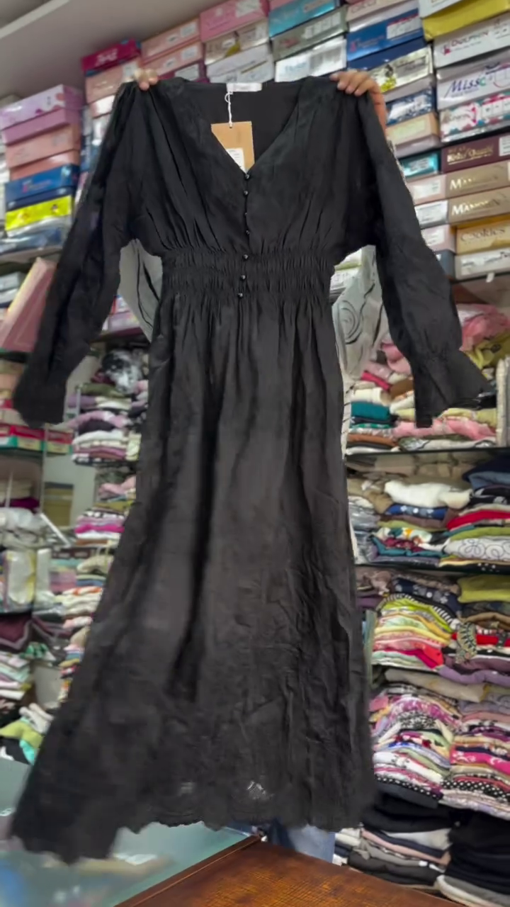 Chocolate Brown Long Sleeve Smocked Waist Maxi Dress with Deep V-Neck Flowing Silhouette 🤎✨👗