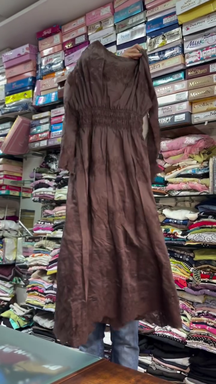 Chocolate Brown Long Sleeve Smocked Waist Maxi Dress with Deep V-Neck Flowing Silhouette 🤎✨👗