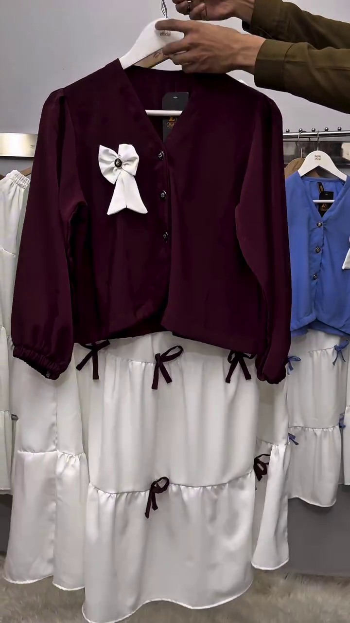 Maroon V-Neck Puff Sleeve Cropped Top with White Bow Accent & Layered Ivory Ribbon-Tie Skirt Set 🍷🤍🎀