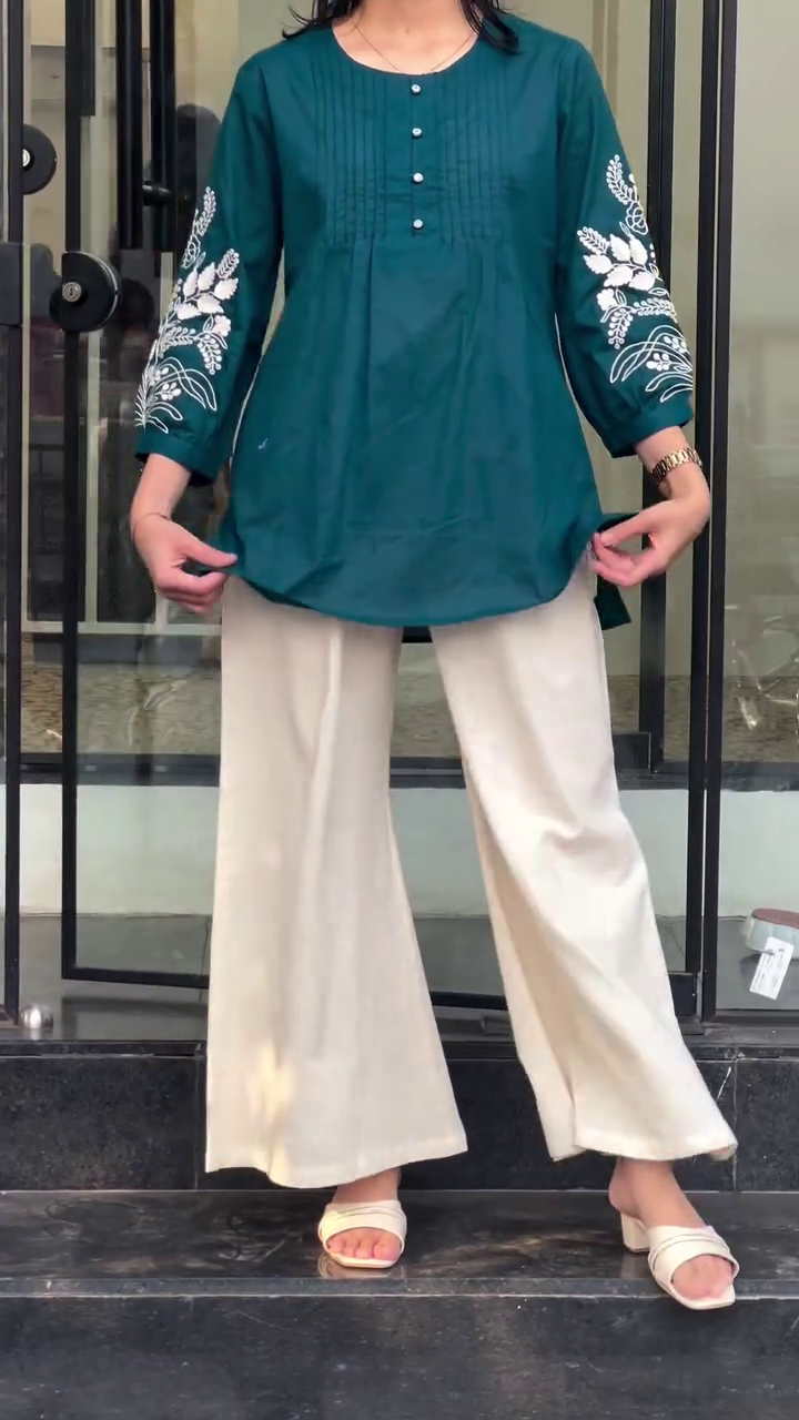 Deep Teal Green 3/4th Sleeve Embroidered Kurti Top with Ivory Wide-Leg Palazzo Pants Set 🌿🤍✨