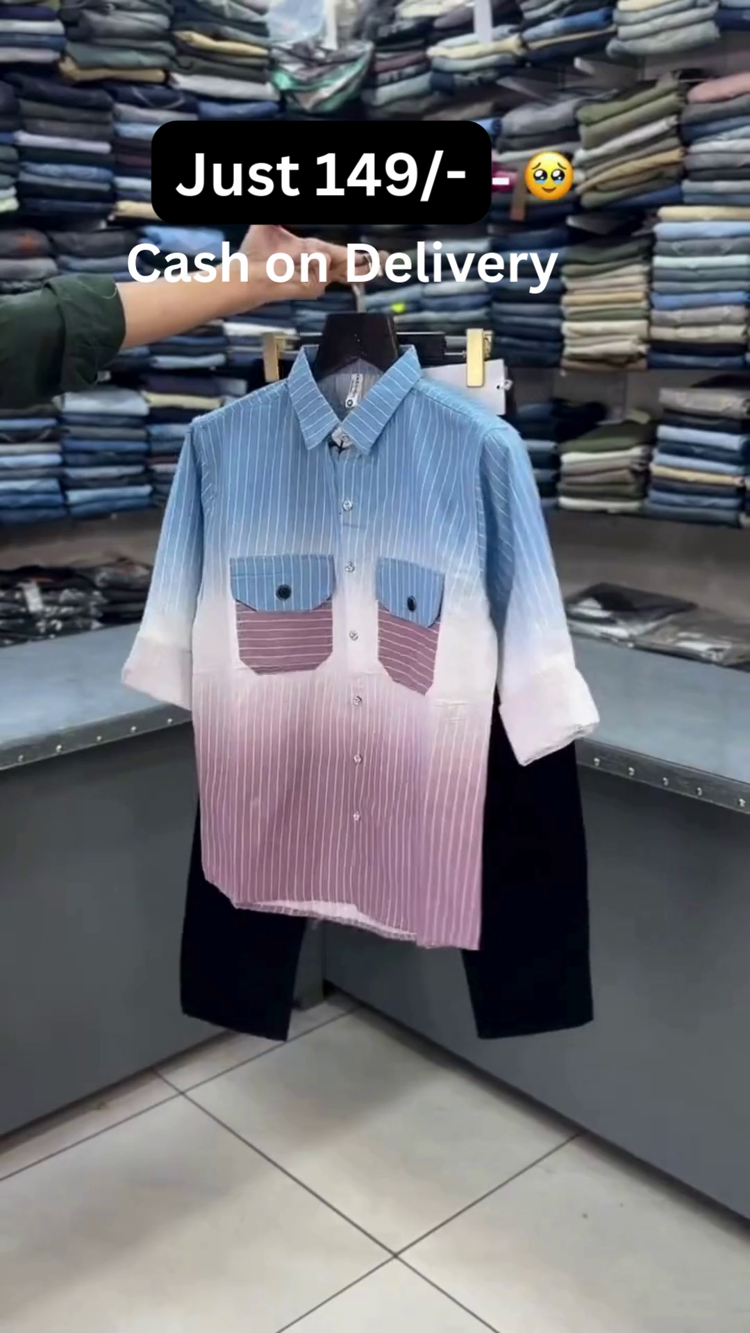 Sky Blue to Blush Pink Vertical Stripe Half-Sleeve Dual Pocket Casual Shirt with Black Straight-Fit Trousers Set