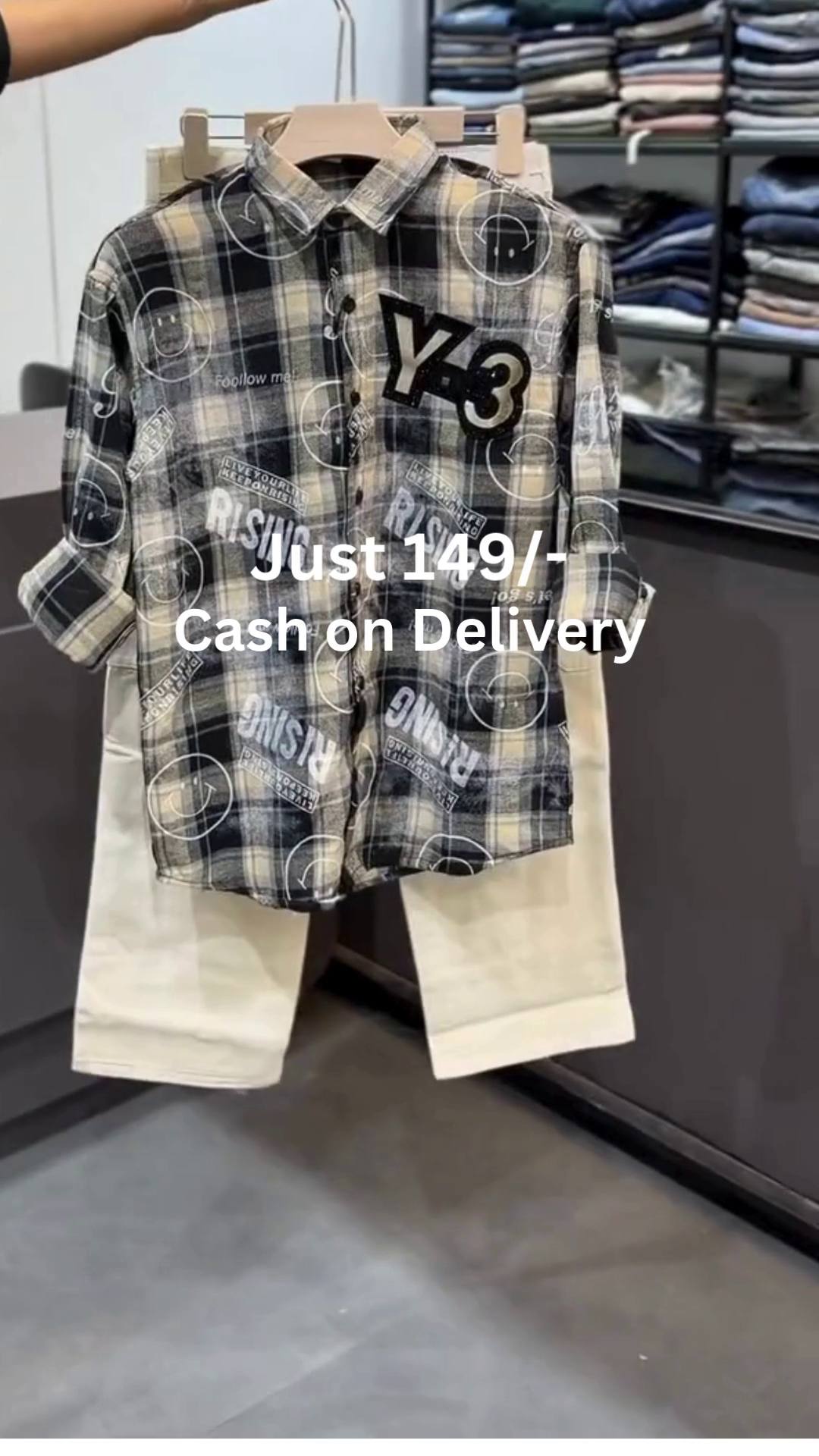 Black & Beige Plaid Graphic Button-Down Shirt with Statement “K-3” Print Paired with Cream Straight Shorts Set 🖤🤍✨