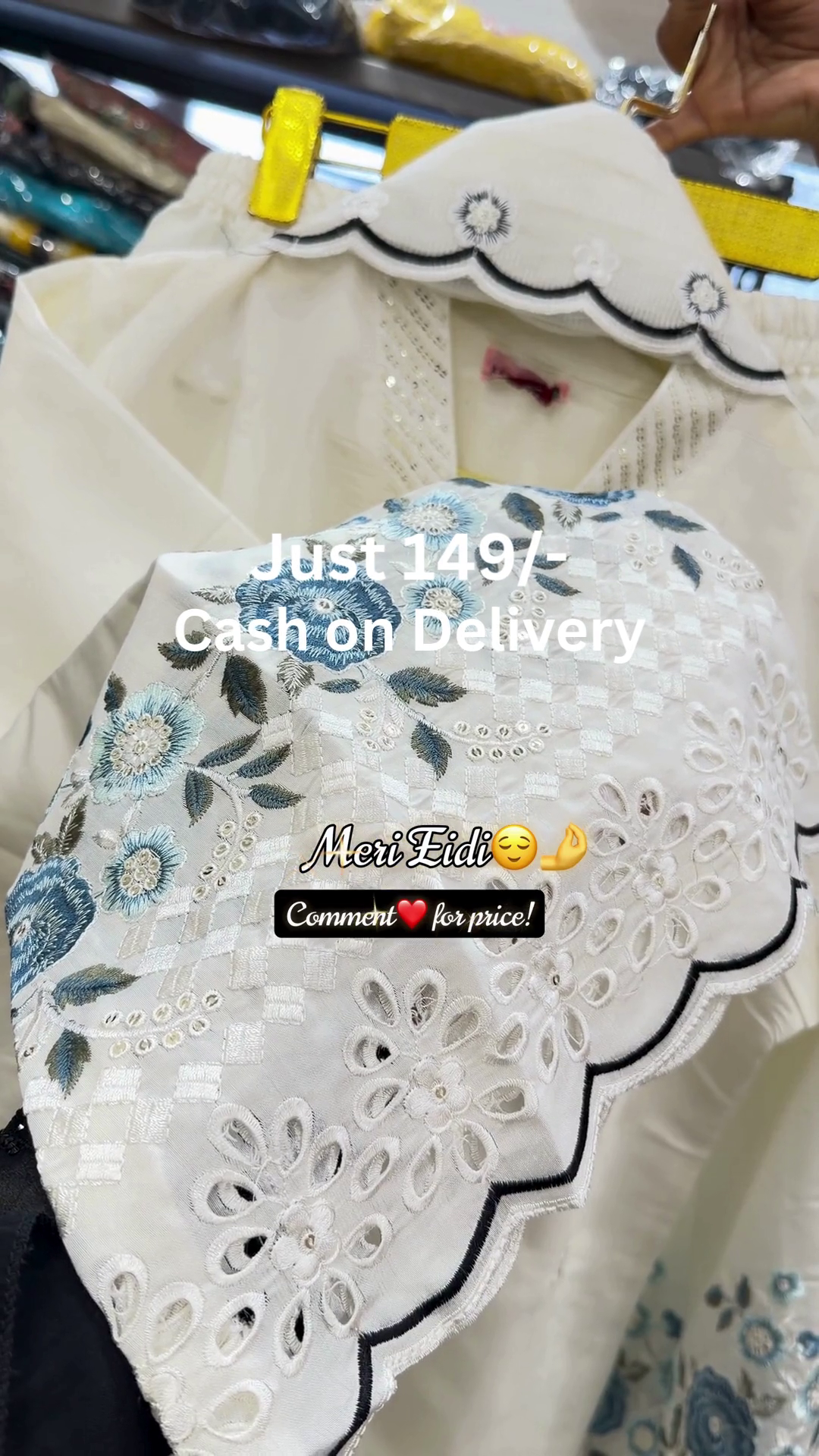 Elegant Off-White Scalloped Hem Embroidered Kurti with Blue Floral Threadwork & Delicate Cutwork Border Design 🤍🌸✨
