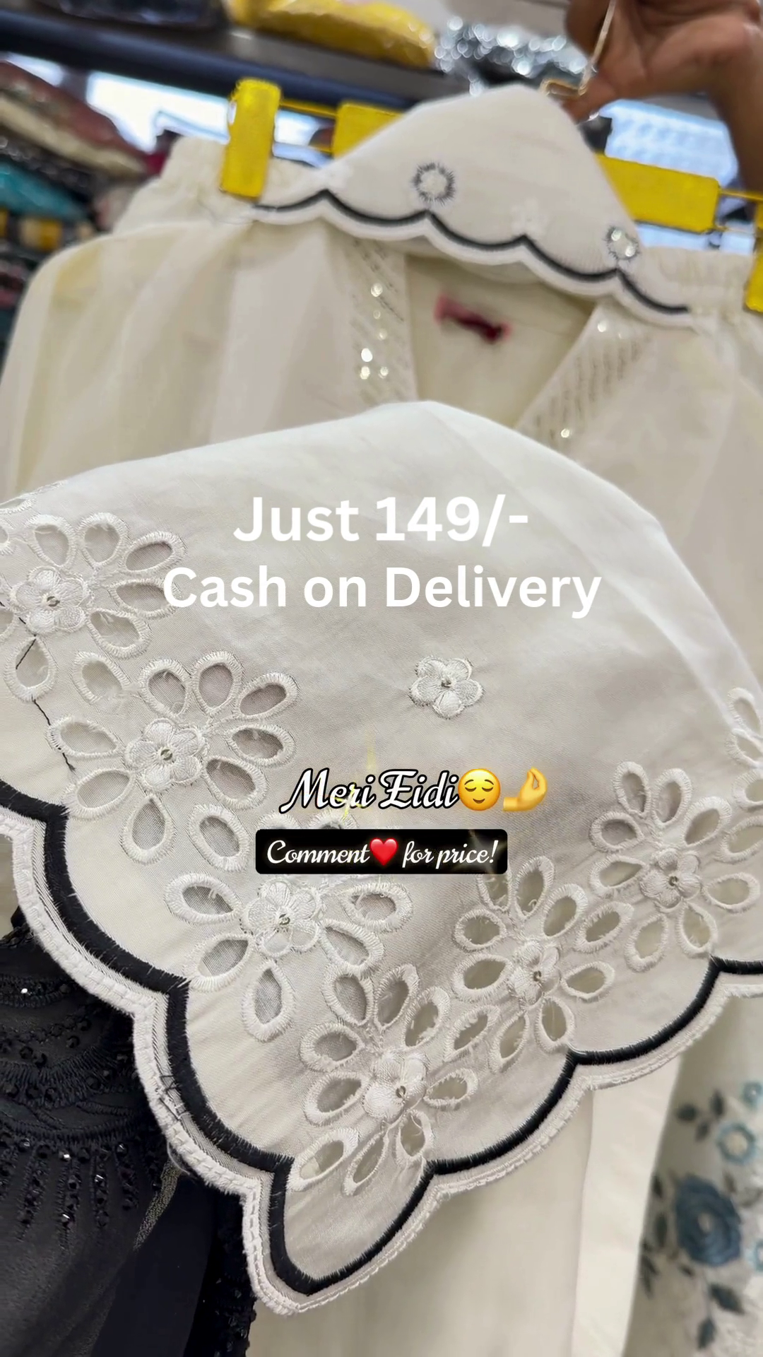 Elegant Off-White Scalloped Hem Embroidered Kurti with Blue Floral Threadwork & Delicate Cutwork Border Design 🤍🌸✨