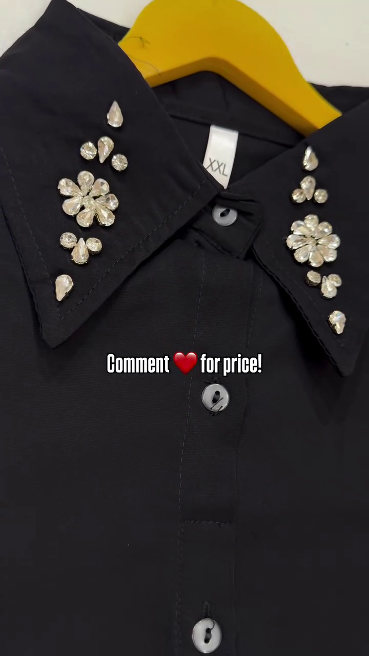 Classic Jet Black Longline Button-Down Shirt with Crystal Floral Collar Embellishment & Matching Straight Trousers Set 🖤✨👚
