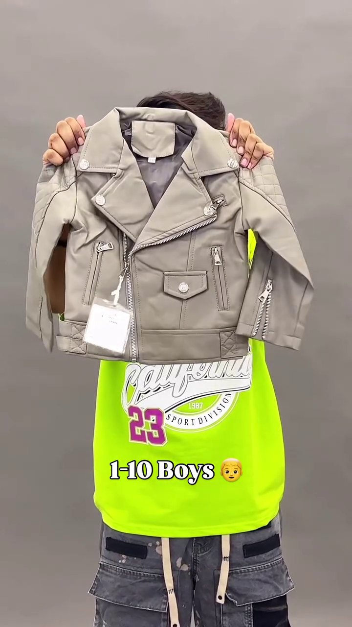 Kids Tan Brown Faux Leather Biker Jacket with Asymmetrical Zip Closure & Silver Hardware Detail (Ages 1–10 Years) 🤎🧥✨
