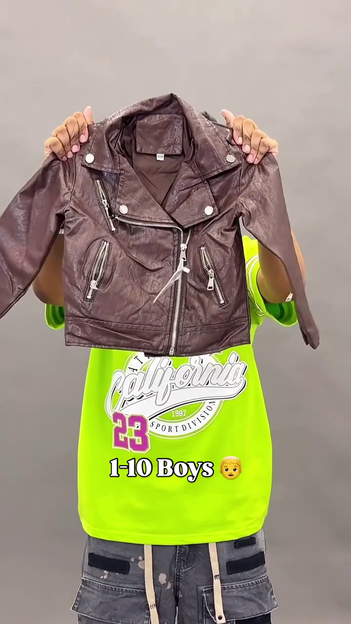 Kids Tan Brown Faux Leather Biker Jacket with Asymmetrical Zip Closure & Silver Hardware Detail (Ages 1–10 Years) 🤎🧥✨