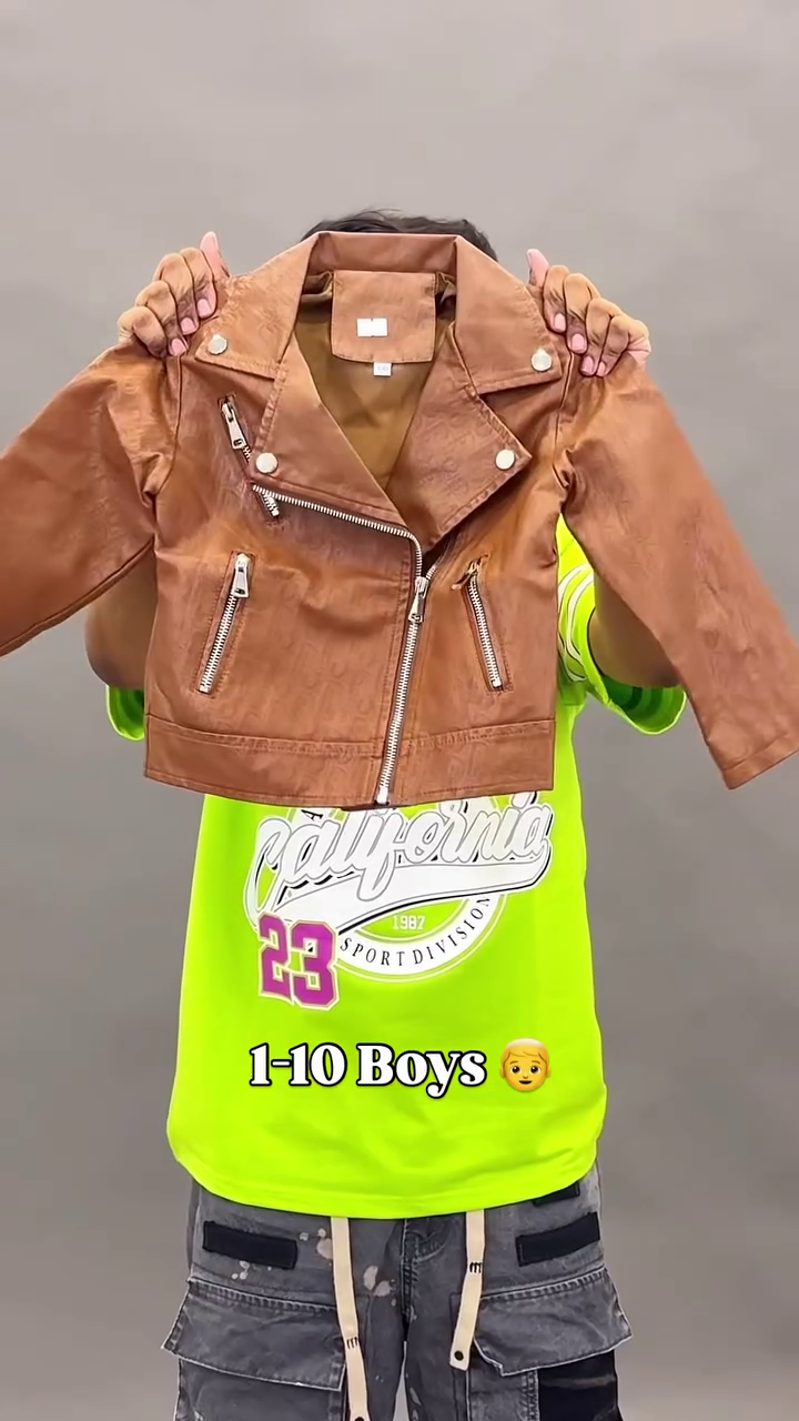 Kids Tan Brown Faux Leather Biker Jacket with Asymmetrical Zip Closure & Silver Hardware Detail (Ages 1–10 Years) 🤎🧥✨