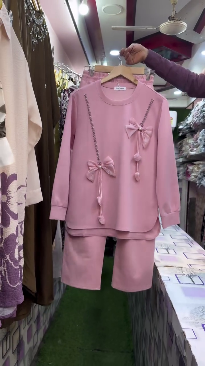 Blush Pink Bow Embellished Long Sleeve Top with Pearl Chain Detailing and Matching Relaxed Knee-Length Shorts Co-Ord Set
