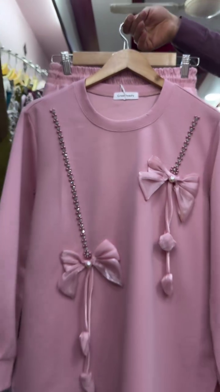 Blush Pink Bow Embellished Long Sleeve Top with Pearl Chain Detailing and Matching Relaxed Knee-Length Shorts Co-Ord Set