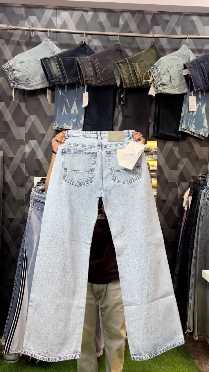Light Blue Acid Wash Wide-Leg Straight Fit Denim Jeans with Horizontal Whisker Fade Detailing
