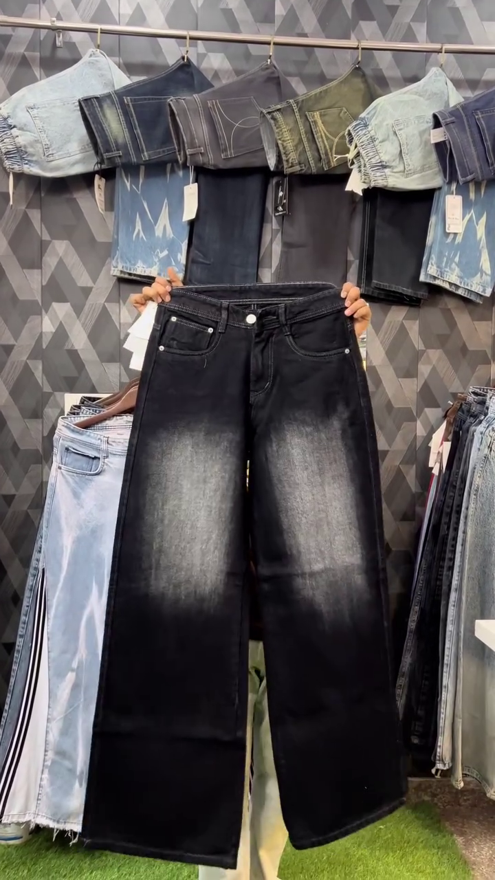 Light Blue Acid Wash Wide-Leg Straight Fit Denim Jeans with Horizontal Whisker Fade Detailing