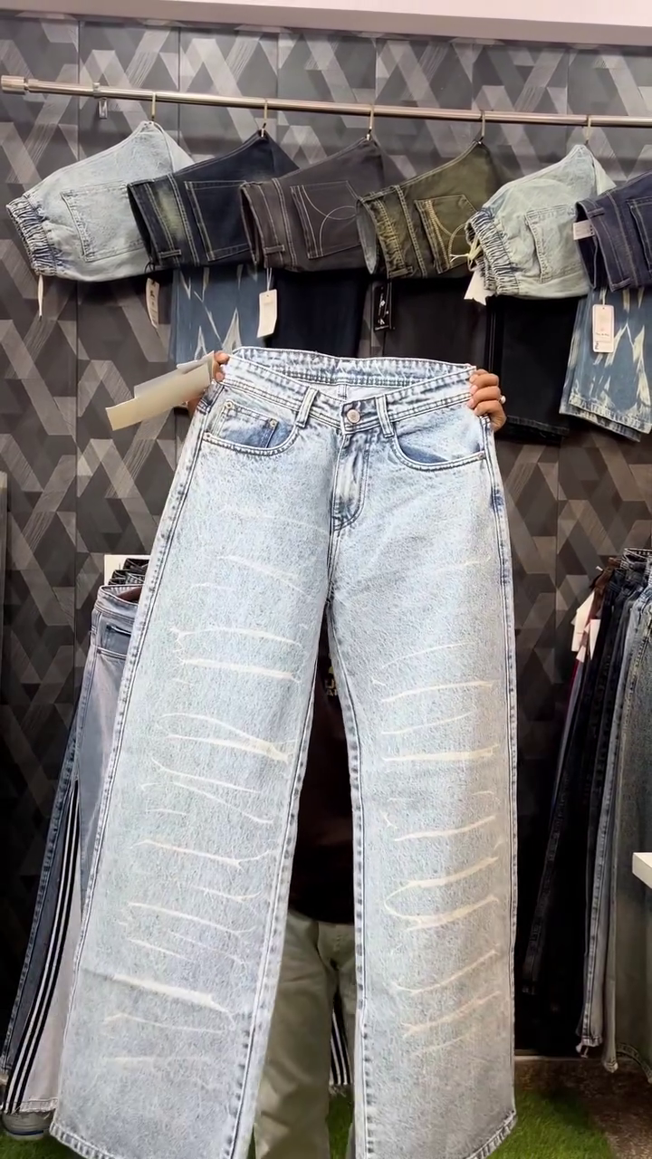 Light Blue Acid Wash Wide-Leg Straight Fit Denim Jeans with Horizontal Whisker Fade Detailing
