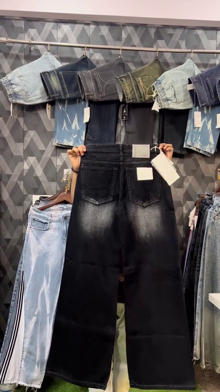 Light Blue Acid Wash Wide-Leg Straight Fit Denim Jeans with Horizontal Whisker Fade Detailing