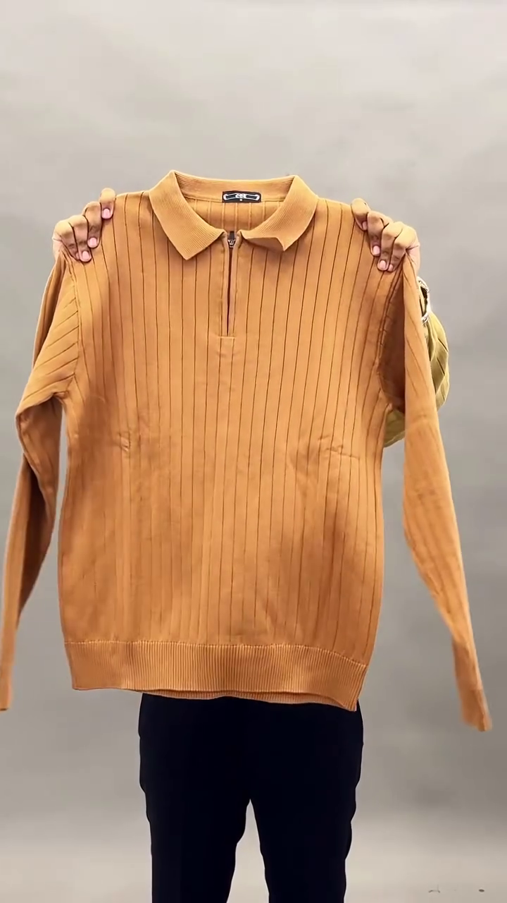 Mustard Camel Ribbed Knit Polo Sweater with Vertical Line Texture and Half-Zip Collar Neck Design