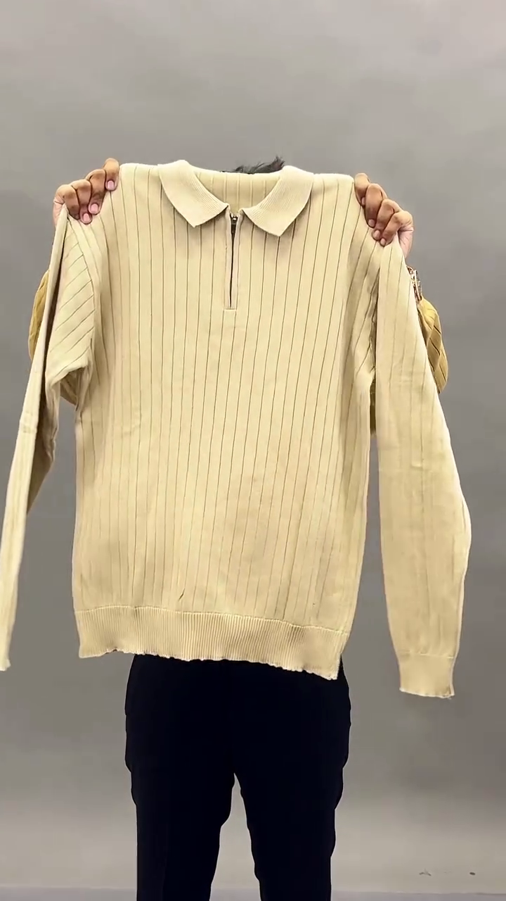 Mustard Camel Ribbed Knit Polo Sweater with Vertical Line Texture and Half-Zip Collar Neck Design