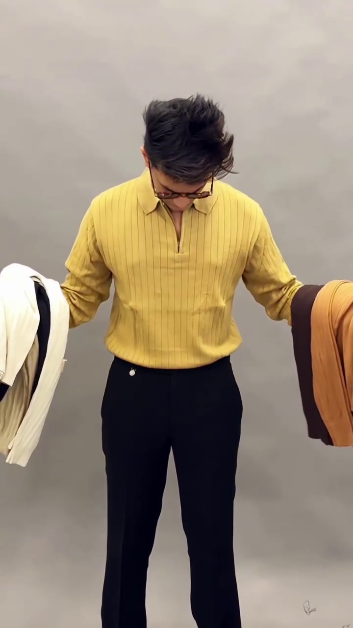 Mustard Camel Ribbed Knit Polo Sweater with Vertical Line Texture and Half-Zip Collar Neck Design
