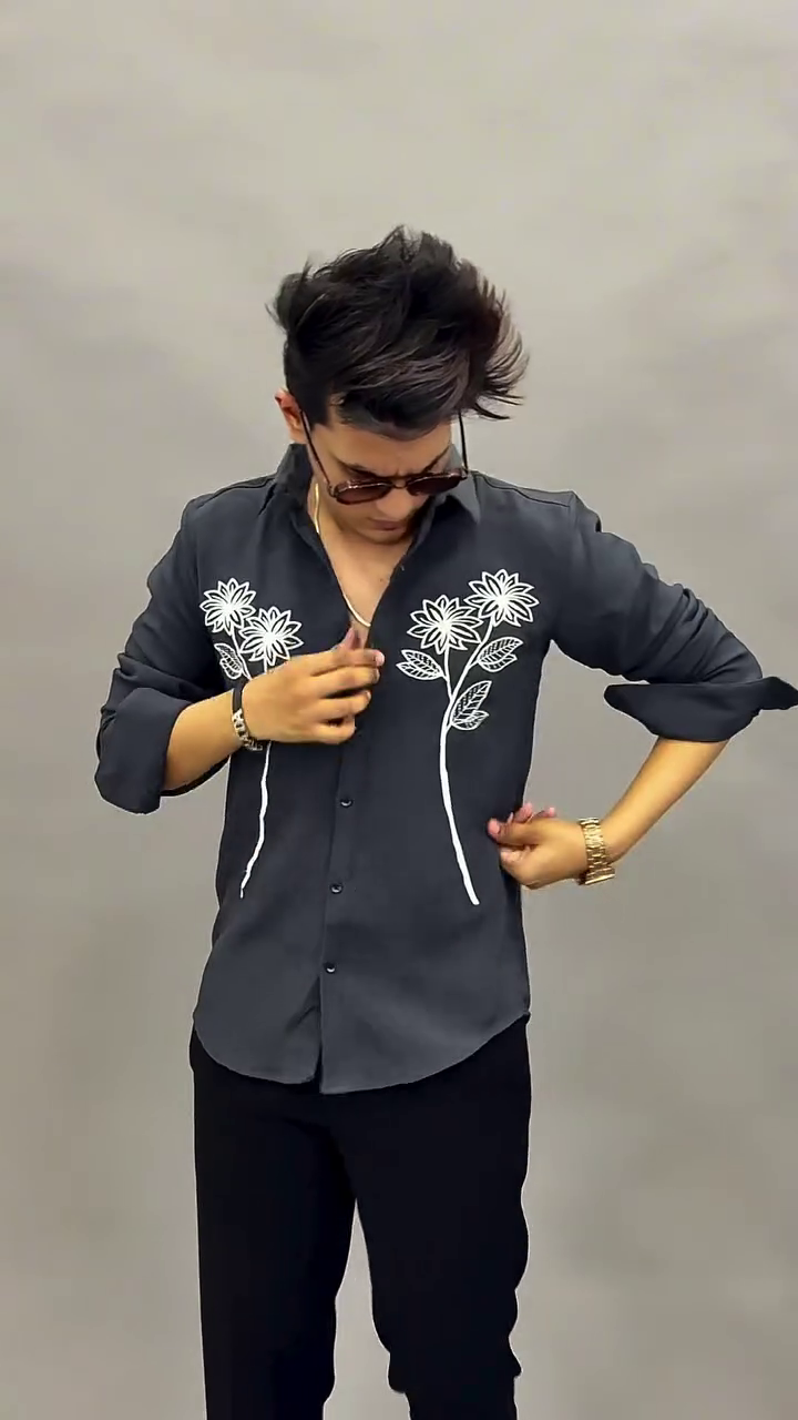 Steel Blue Floral Thread Embroidered Slim Fit Button-Down Casual Shirt with Dual Chest Flower Motif and Extended Black Stitch Detailing