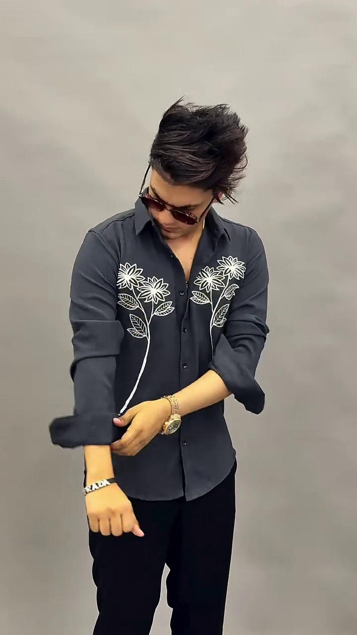 Steel Blue Floral Thread Embroidered Slim Fit Button-Down Casual Shirt with Dual Chest Flower Motif and Extended Black Stitch Detailing