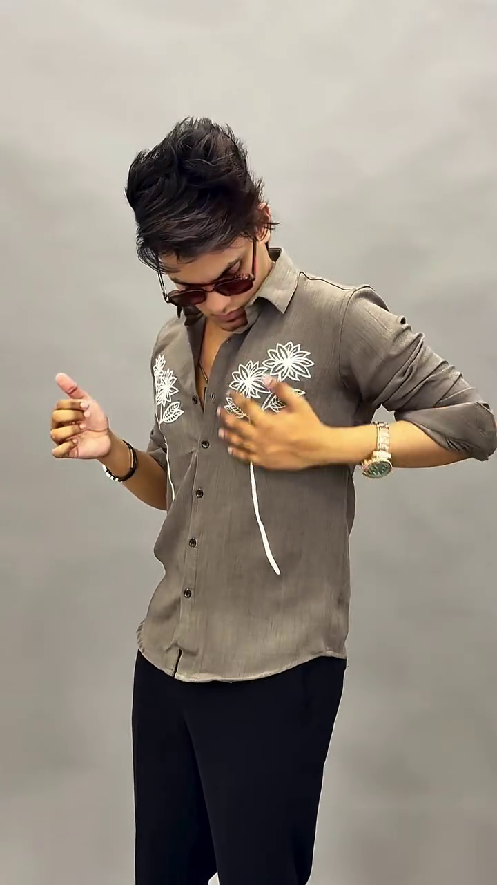 Steel Blue Floral Thread Embroidered Slim Fit Button-Down Casual Shirt with Dual Chest Flower Motif and Extended Black Stitch Detailing