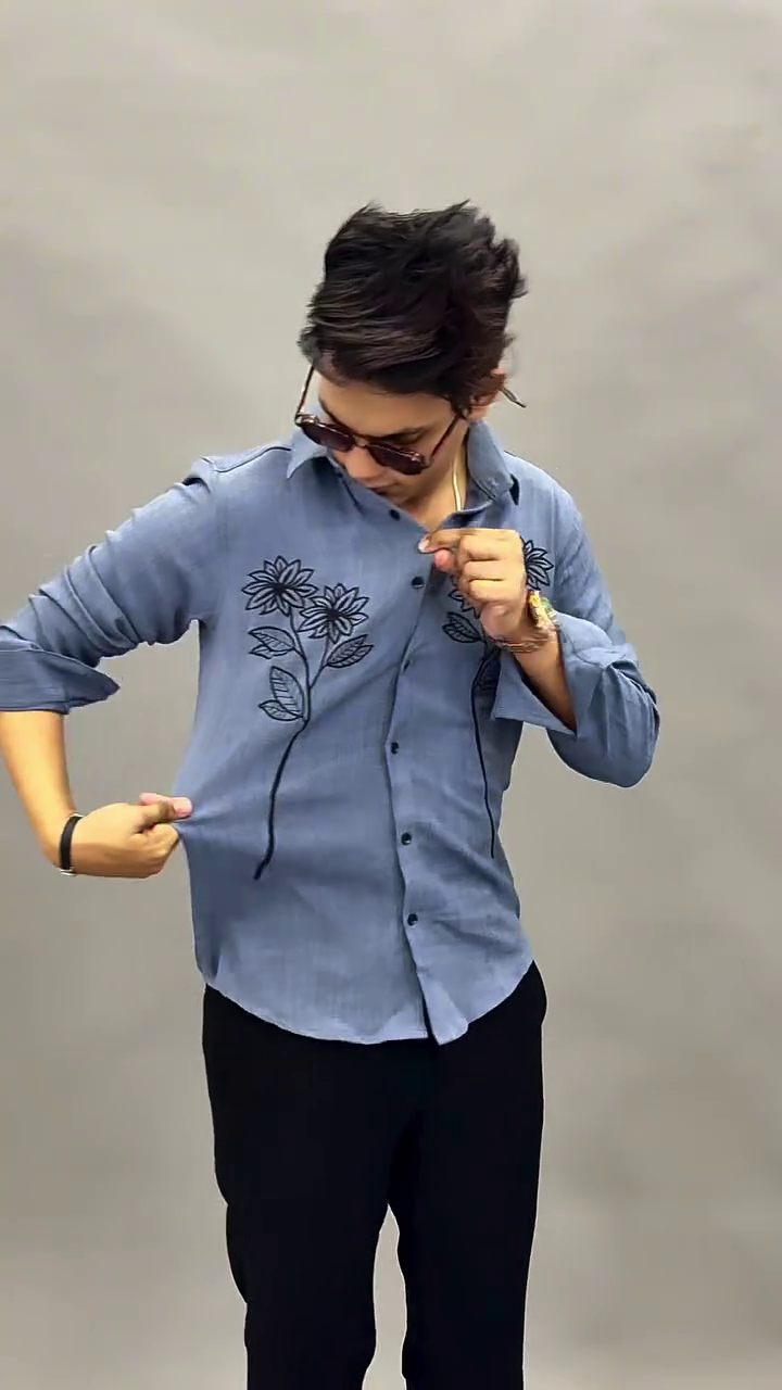 Steel Blue Floral Thread Embroidered Slim Fit Button-Down Casual Shirt with Dual Chest Flower Motif and Extended Black Stitch Detailing
