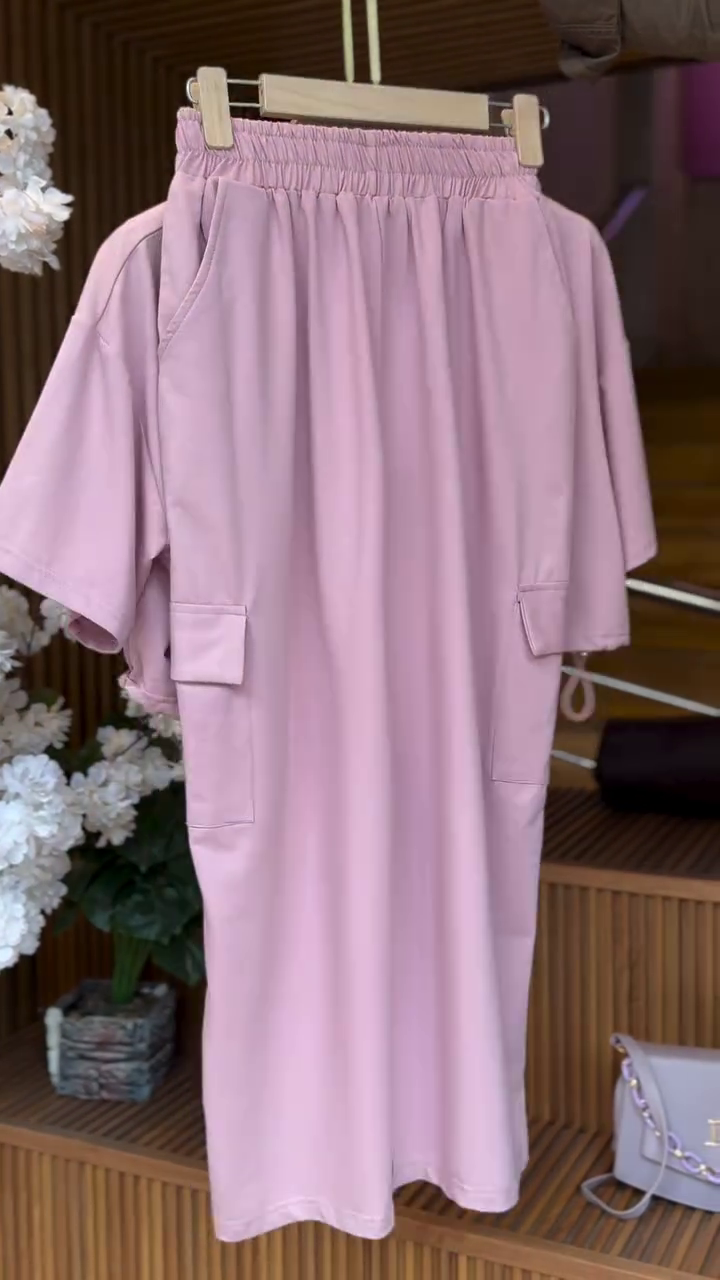 Dusty Rose Pink Oversized Short Sleeve Lounge Dress with Elasticated High Neck Detail and Dual Flap Utility Patch Pockets