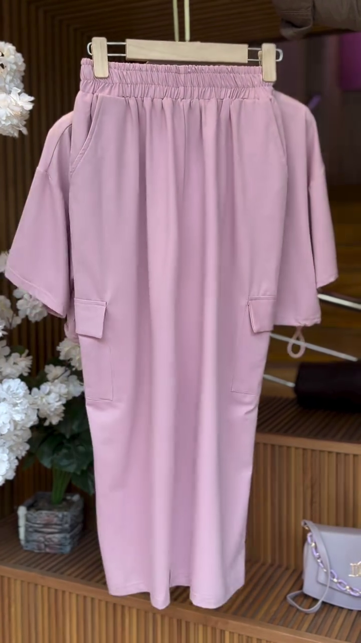 Dusty Rose Pink Oversized Short Sleeve Lounge Dress with Elasticated High Neck Detail and Dual Flap Utility Patch Pockets