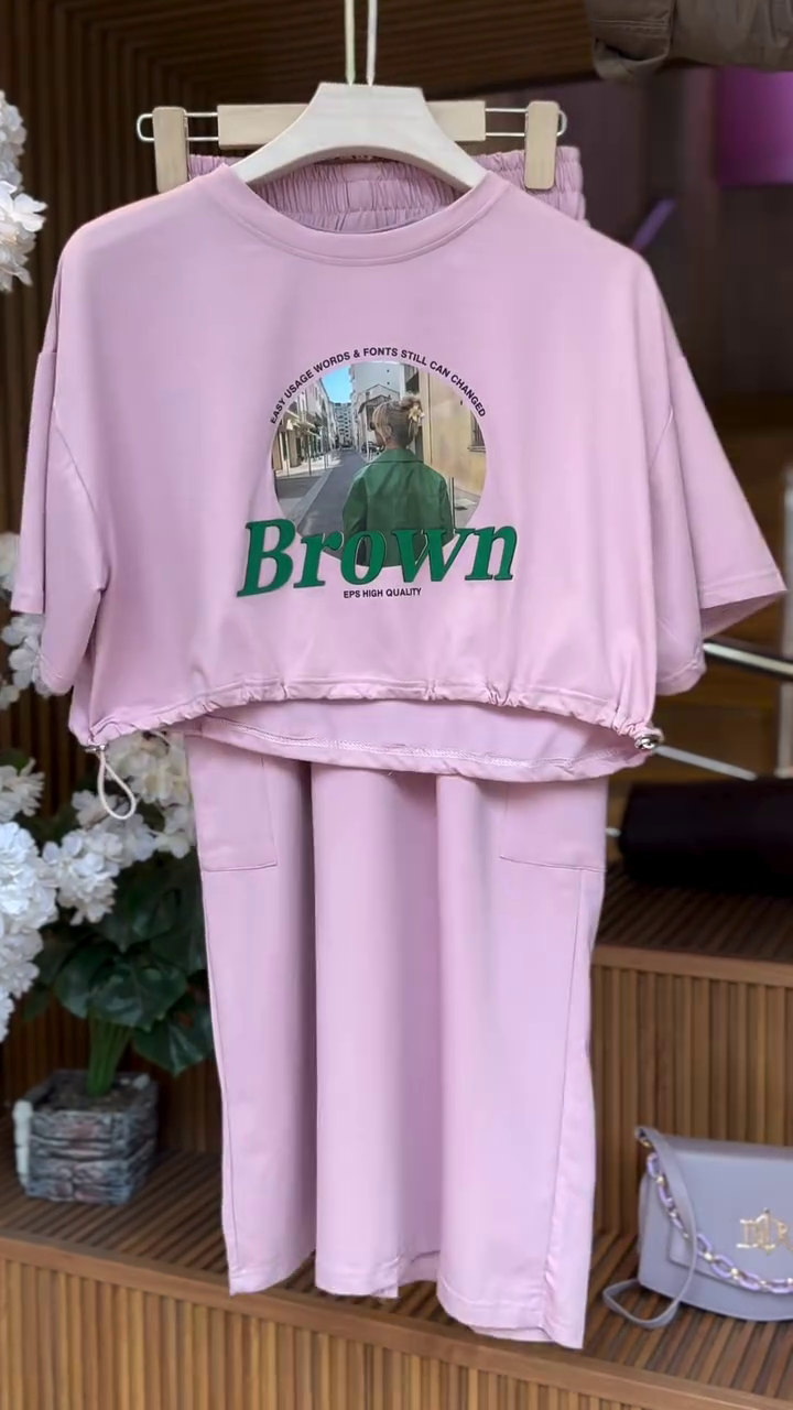 Dusty Rose Pink Oversized Short Sleeve Lounge Dress with Elasticated High Neck Detail and Dual Flap Utility Patch Pockets
