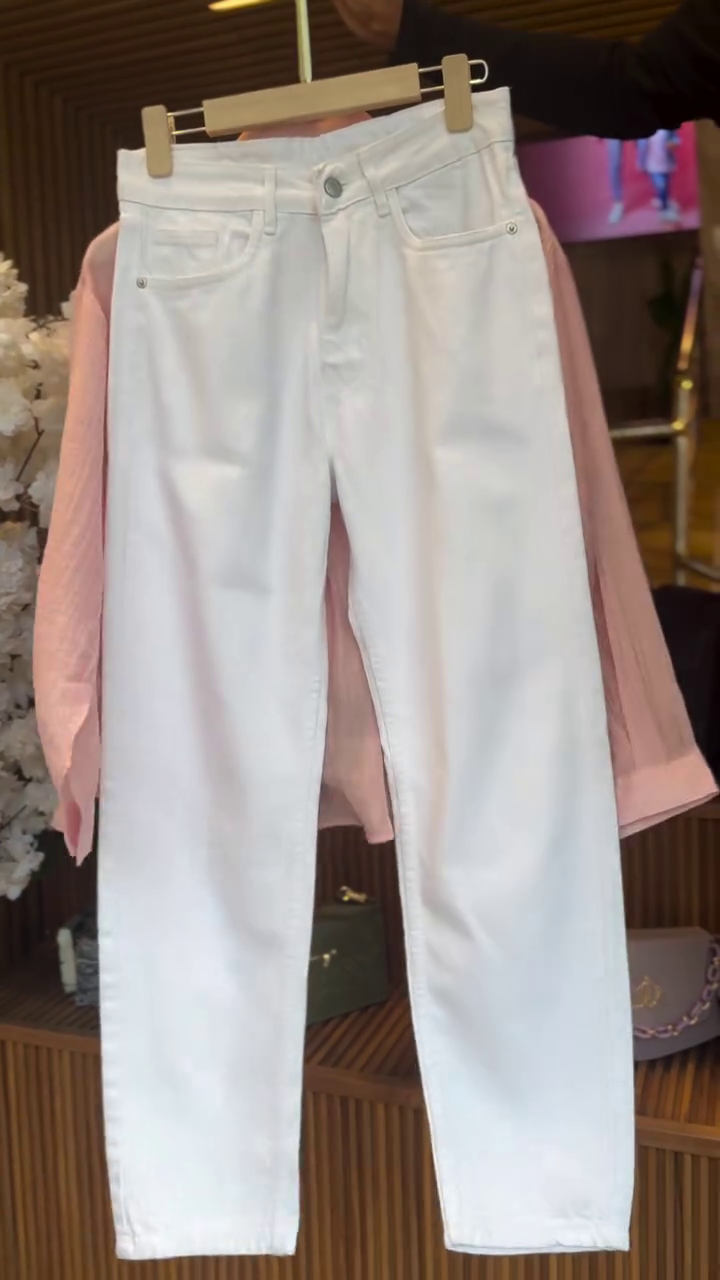 Soft Blush Pink Sheer Embroidered Button-Down Shirt Layered Over Cream Inner Top with White Straight-Fit Ankle-Length Trousers Three-Piece Set