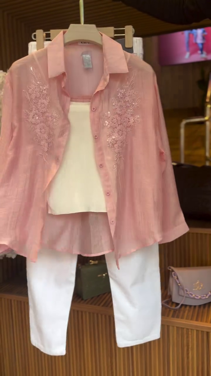 Soft Blush Pink Sheer Embroidered Button-Down Shirt Layered Over Cream Inner Top with White Straight-Fit Ankle-Length Trousers Three-Piece Set