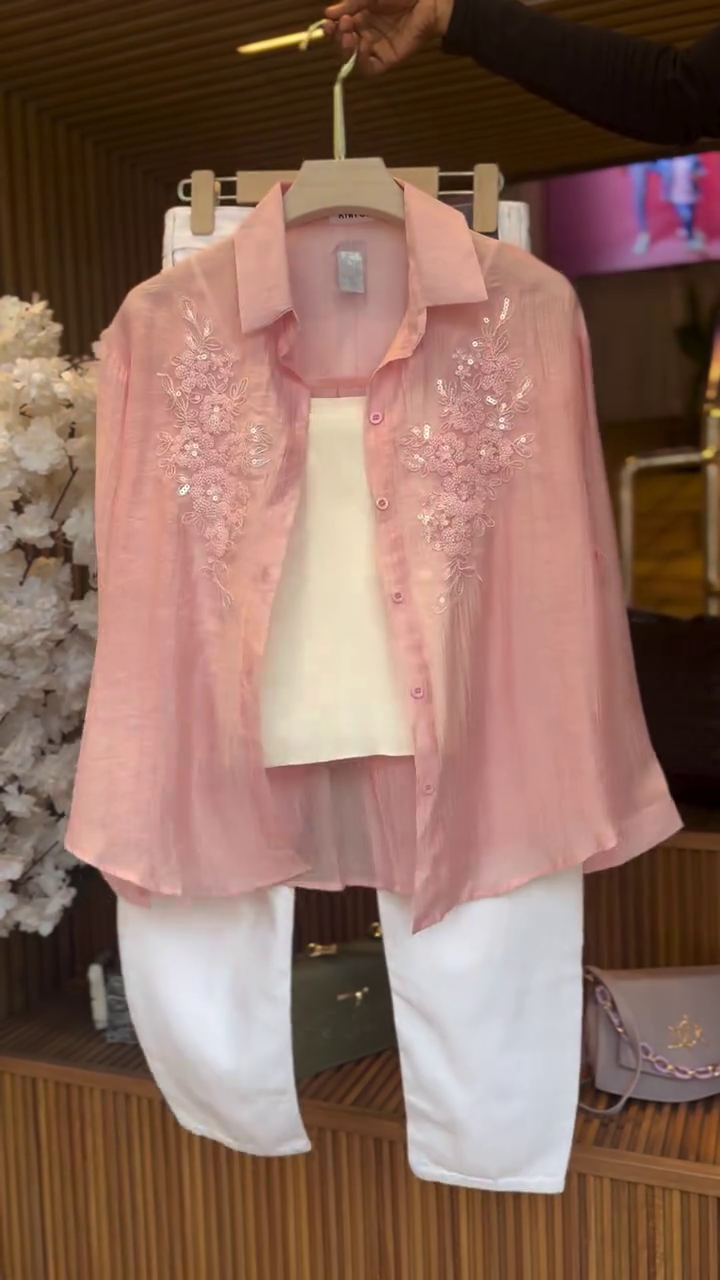 Soft Blush Pink Sheer Embroidered Button-Down Shirt Layered Over Cream Inner Top with White Straight-Fit Ankle-Length Trousers Three-Piece Set