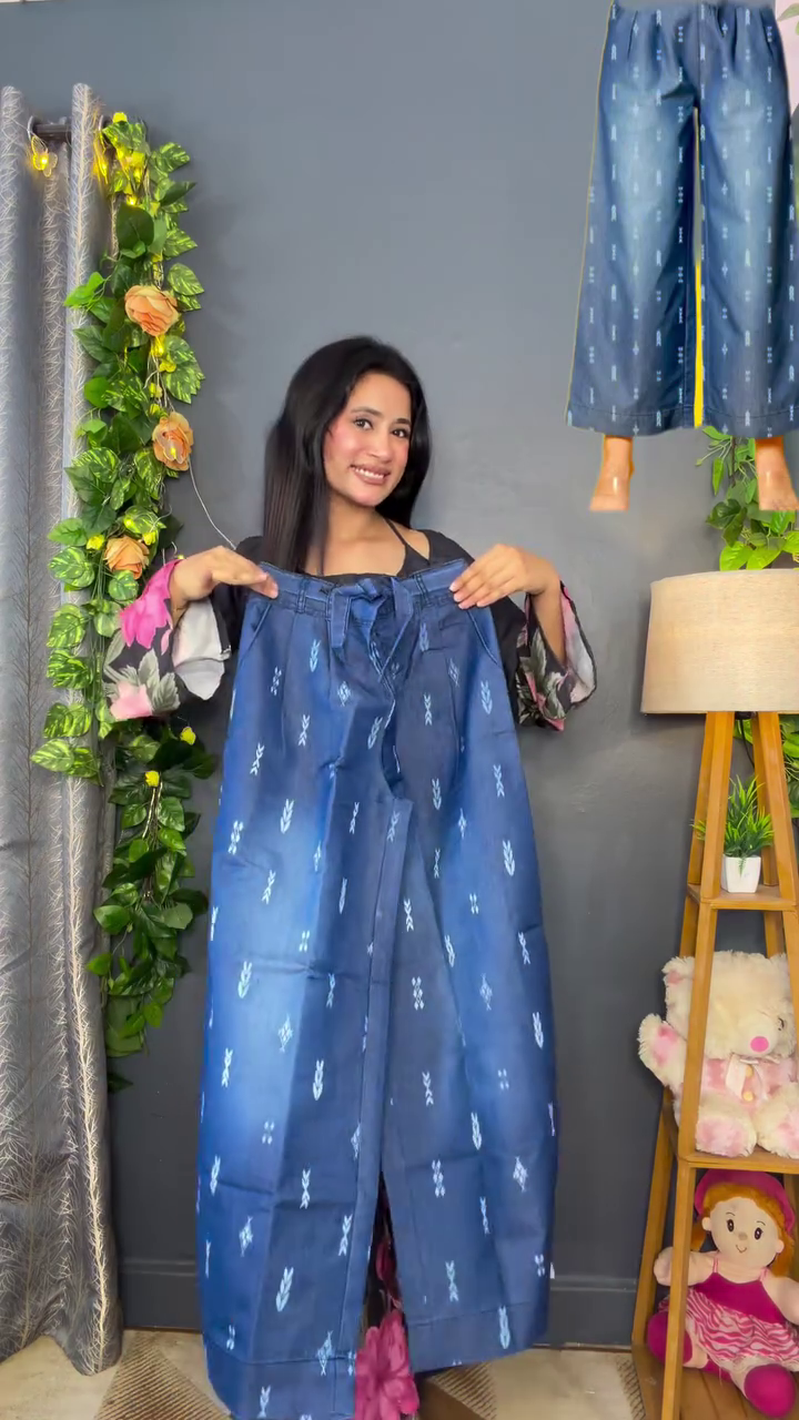 Deep Indigo Blue Straight-Cut Printed Palazzo Pants with White Buti Motif Pattern and Elasticated Drawstring Waistband