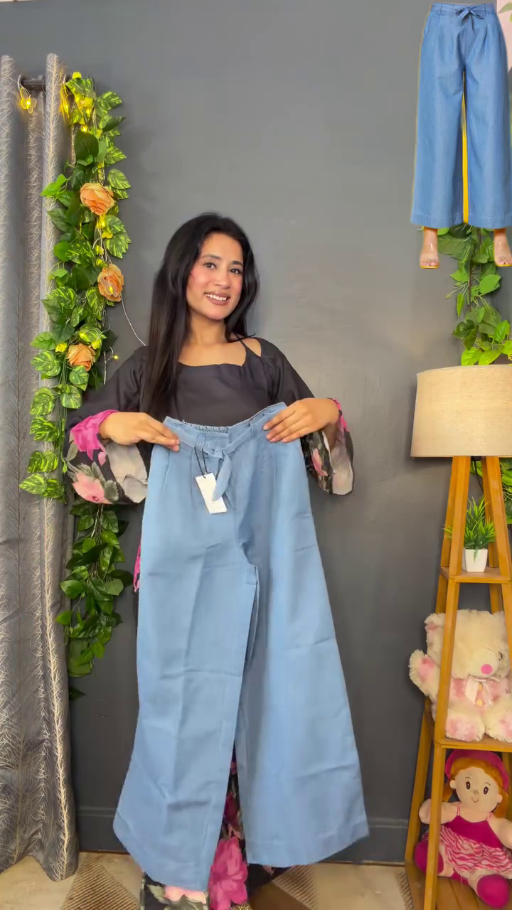 Deep Indigo Blue Straight-Cut Printed Palazzo Pants with White Buti Motif Pattern and Elasticated Drawstring Waistband