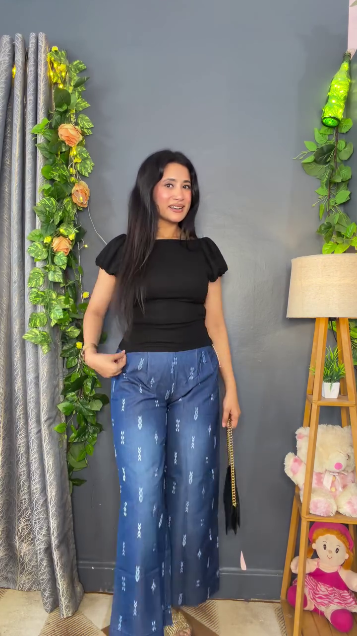 Deep Indigo Blue Straight-Cut Printed Palazzo Pants with White Buti Motif Pattern and Elasticated Drawstring Waistband