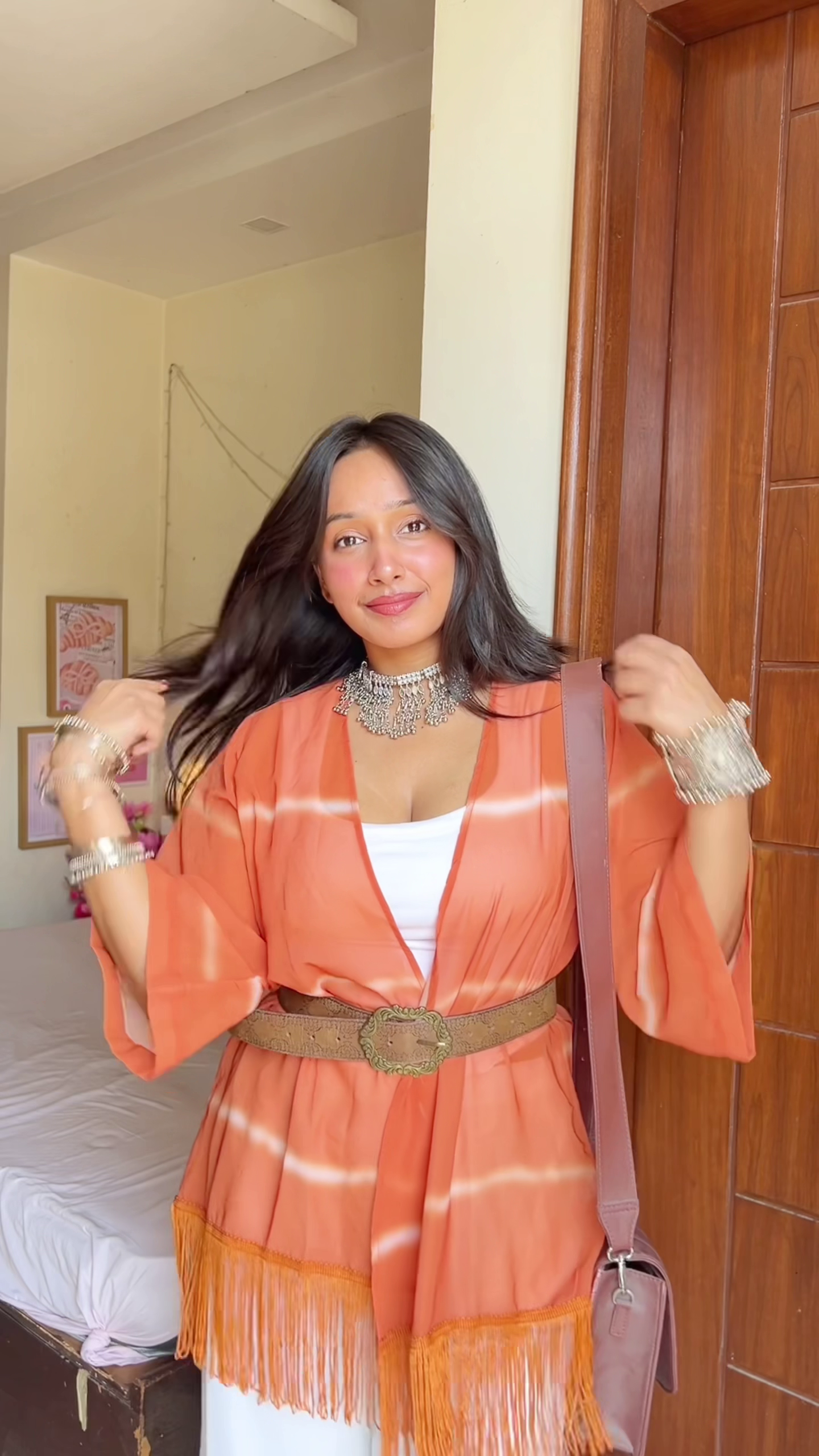 Sunset Orange Tie-Dye Style Lightweight Shrug with Horizontal White Wash Stripes and Long Fringe Hem Tassel Detail