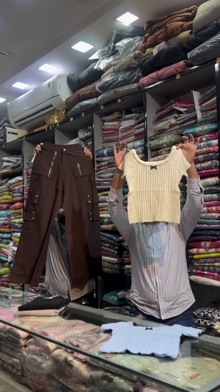 Cream Ribbed Knit Crop Top with Brown Multi-Pocket Cargo Pants