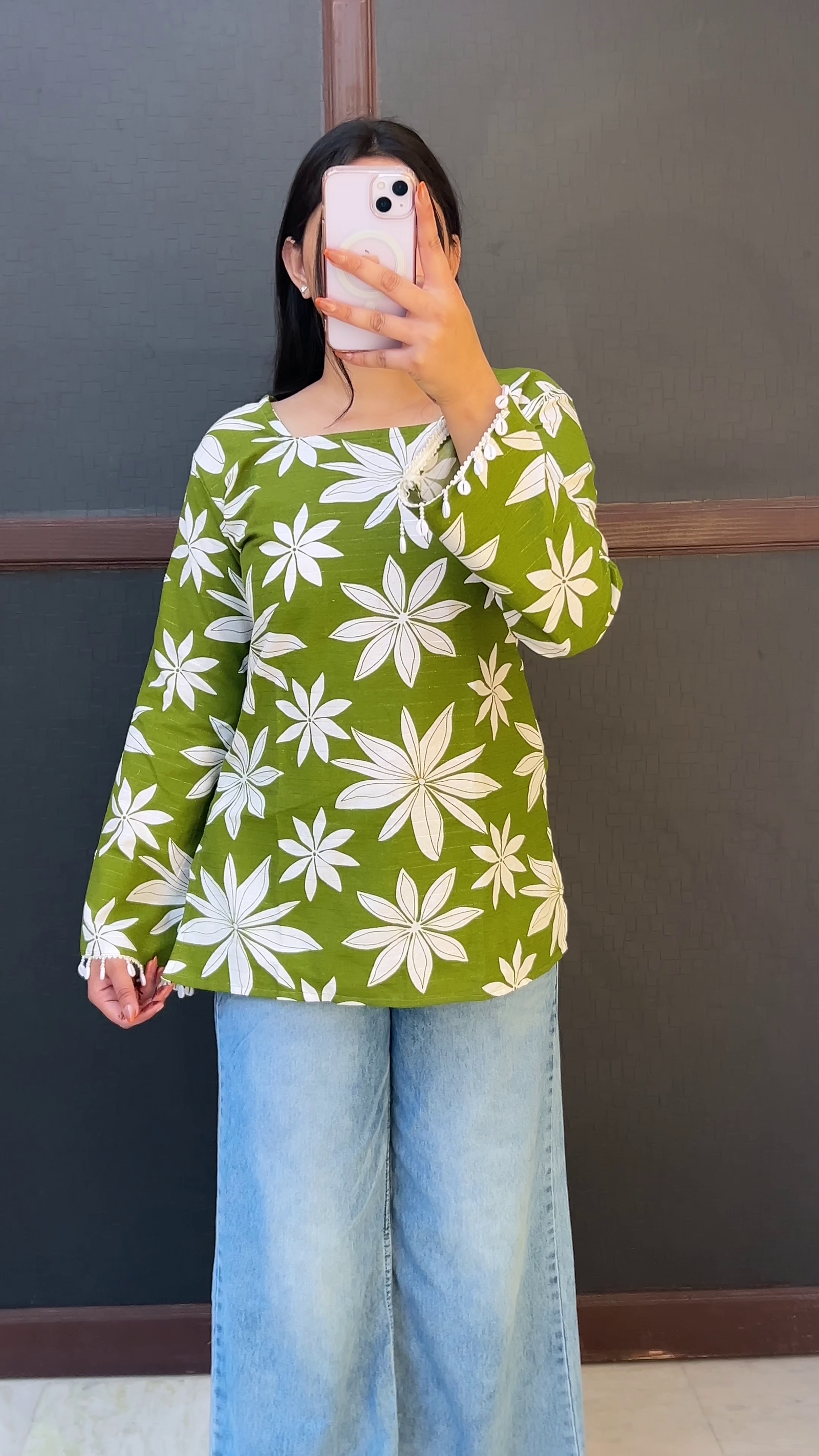 Green Floral Print Long Sleeve Casual Women’s Top