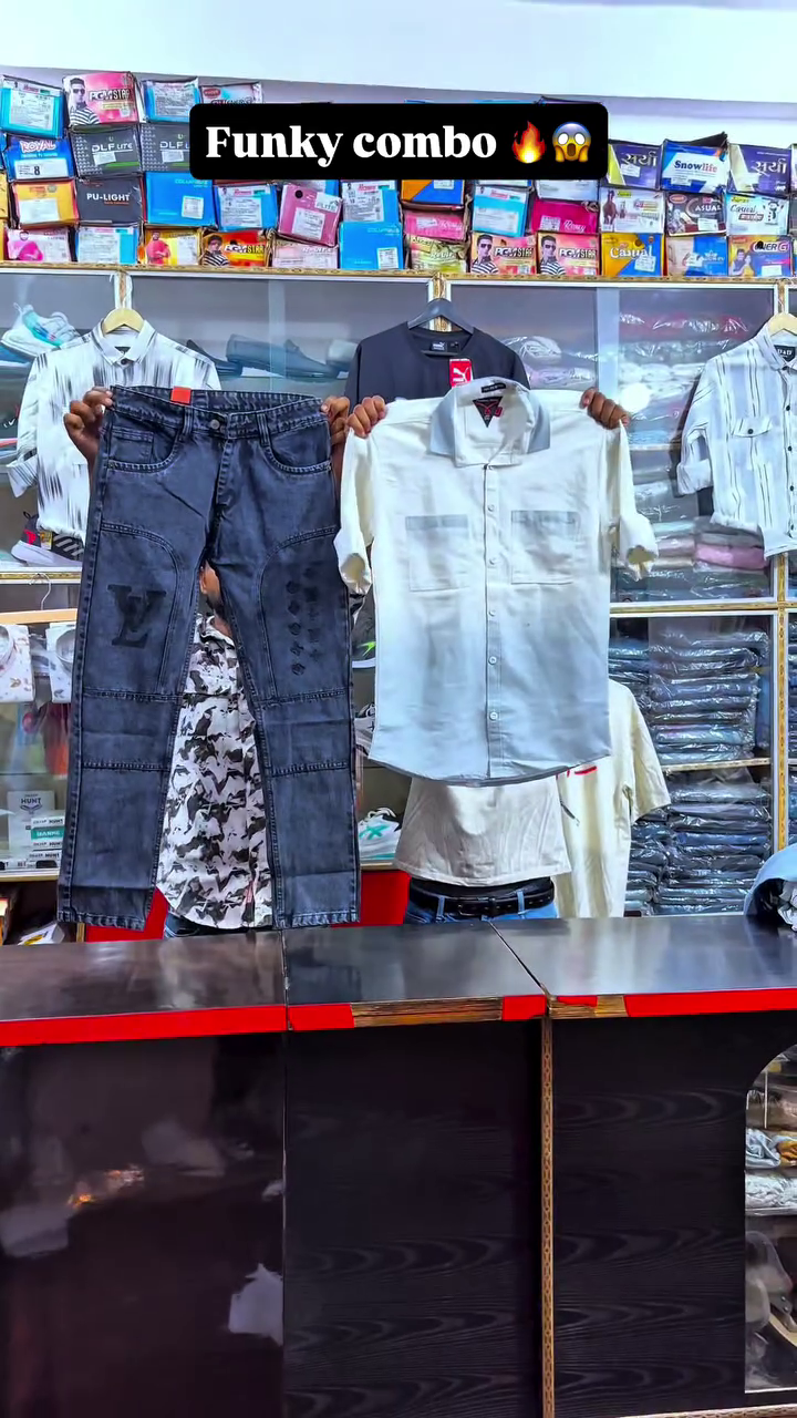 Black Denim Jeans with Flame Graphic Print with Grey Vertical Stripe Casual Button Shirt